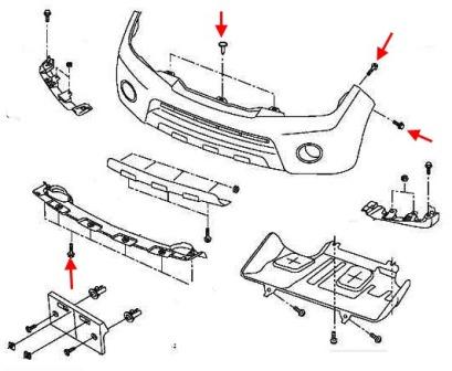 the scheme of fastening of the front bumper Nissan Pathfinder (2005-2014)
